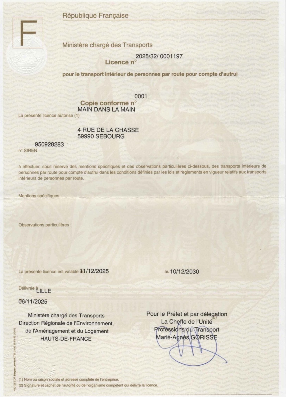 licence de transport Main dans la main 
Labarriere Peggy